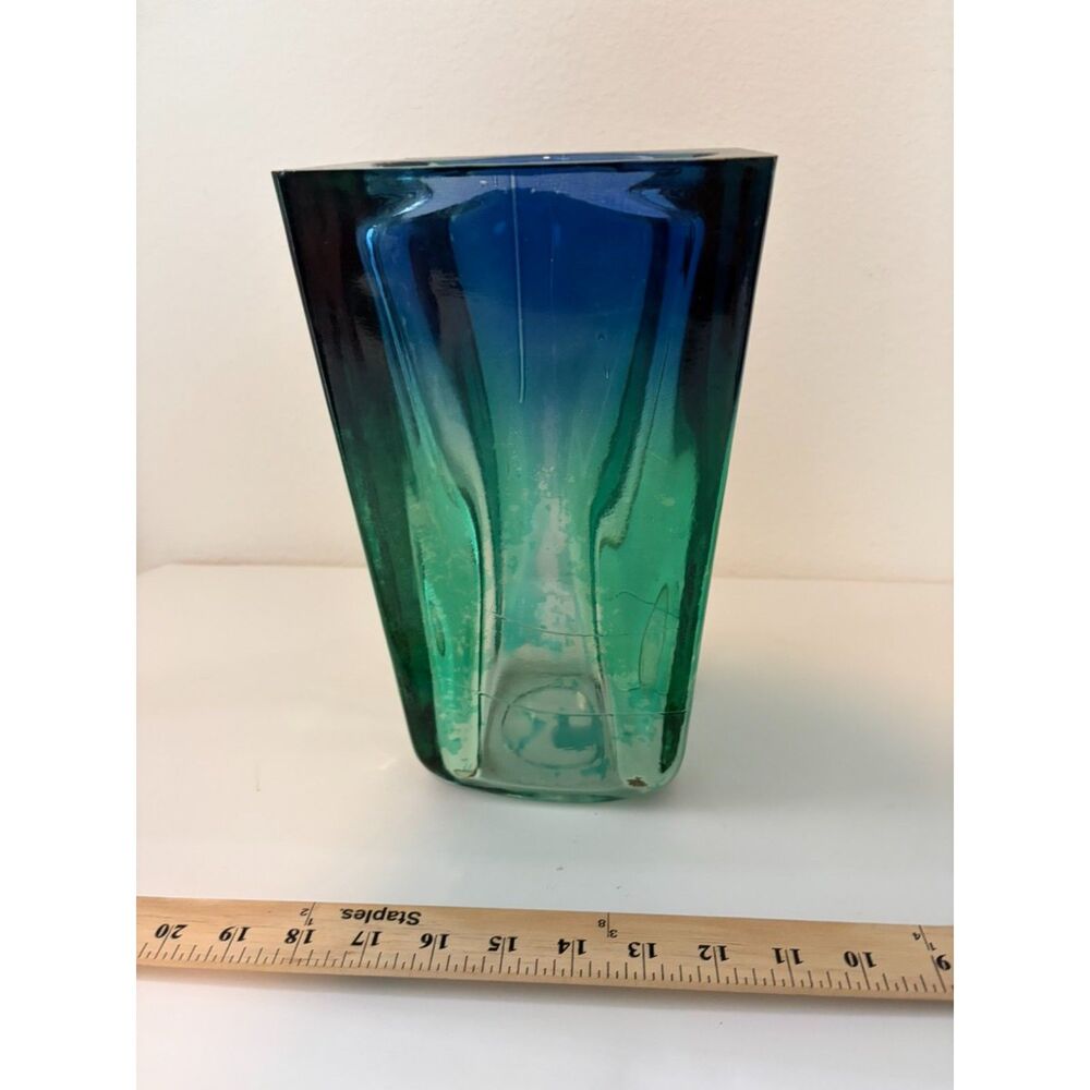 Vtg Murano Sommerso Art vase Green to Blue Lead Crystal Vase 15" tall